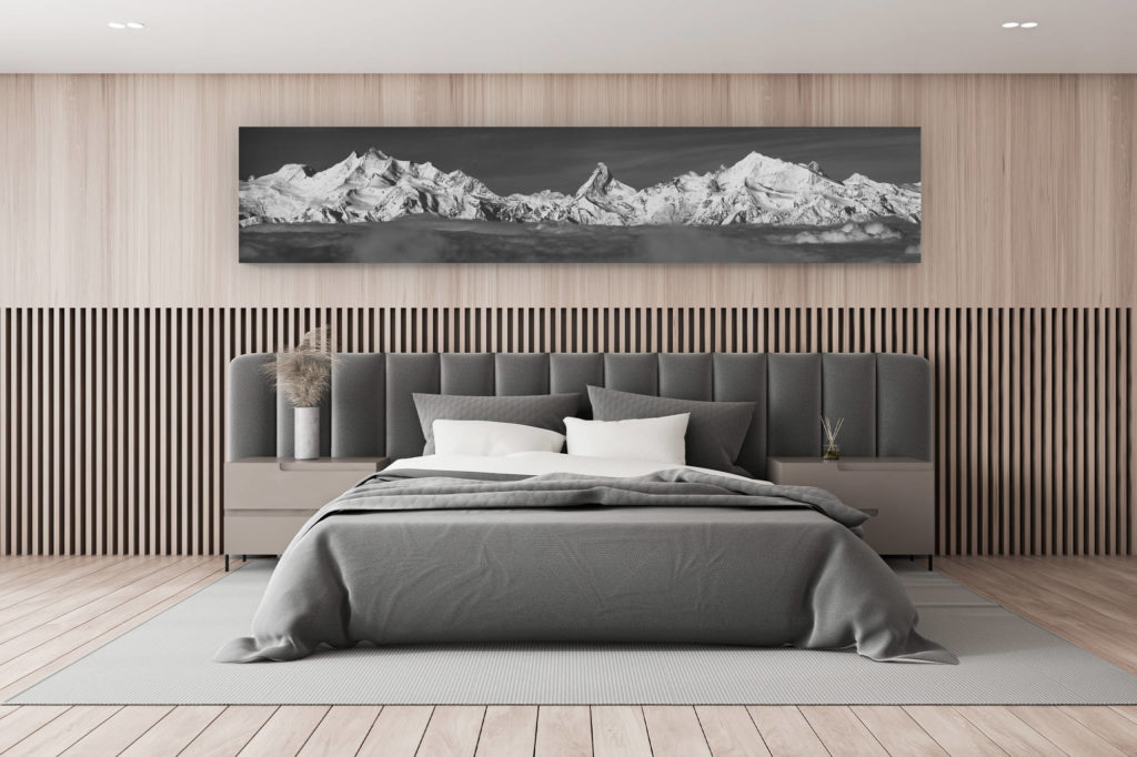 décoration murale chambre - photo tableau de montagne noir et blanc - Panorama des montagnes suisses de Zermatt et Saas Fee et dans les Alpes du Valais en noir et blanc