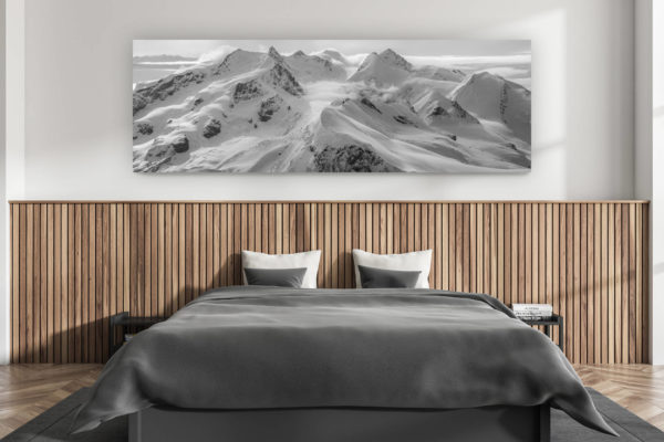 modern adult bedroom wall decor - swiss chalet interior - large size mountain photo swiss alps - Mountain landscape photo and panoramic view of a landscape of Zermatt Monte Rosa Breithorn, Castor