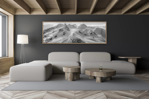 décoration salon chalet moderne - intérieur petit chalet suisse - photo montagne noir et blanc grand format - Photo paysage de montagne et vue panoramique d'un paysage de Zermatt Monte Rosa Breithorn, Castor