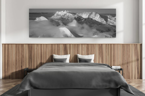 wall decoration adult room modern - interior swiss chalet - photo mountains large size swiss alps - Mountain panorama - Monte Rosa mountain range Lyskamm and Castor seen from Saas Fee - sea of clouds mountain