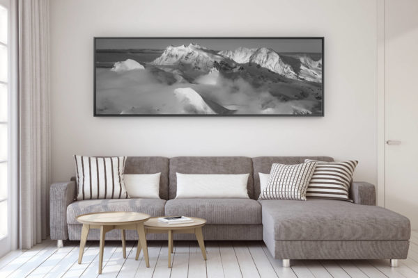 décoration murale design salon moderne - photo montagne grand format - Montagne panorama - Massif montagneux Monte Rosa Lyskamm et Castor vu depuis Saas Fee - mer de nuage montagne