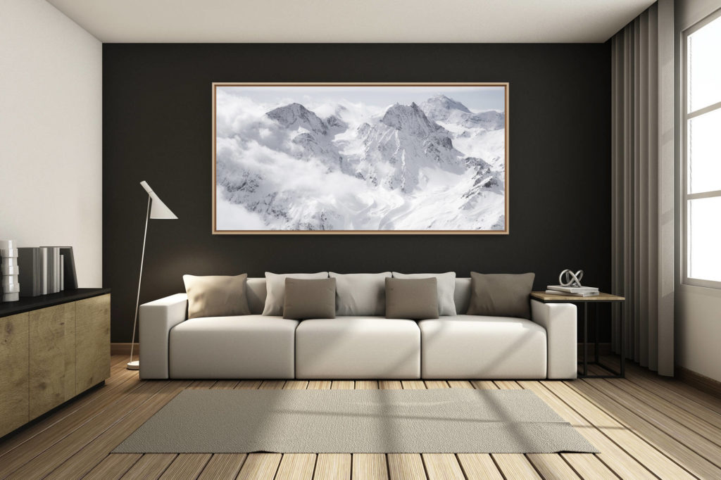 deco salon renoviertes Bergchalet - großformatiges Bergfoto - - Bergpanoramablick auf die Gipfel der Alpen und des Val d&#039; Hérens - Pigne D&#039;arolla - Cheillon -. Grand Combin