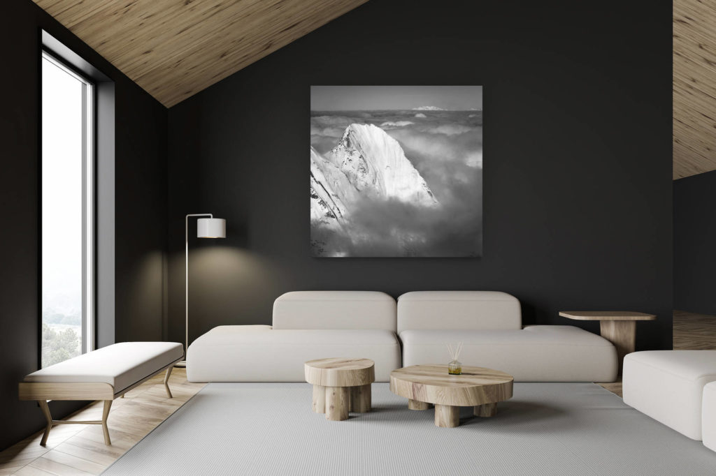 interior architect renovation swiss chalet - large mountain pictures - matterhorn photos - Piz Badile - Monte Rosa - Engadin Grisons in Switzerland