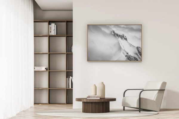 modern apartment decoration - art deco design - Piz Bernina mountain photo - Image of the swiss alps seen from the sky by helicopter
