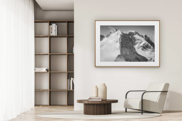 déco tendance salon moderne - photo montagne noir et blanc grand format - Piz Bernina - photos des alpes suisses - Piz Scerscen