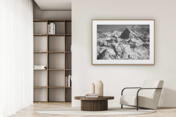 déco tendance salon moderne - photo montagne noir et blanc grand format - Photo Engadine Alpes - Piz Ela vue aérienne noir et blanc