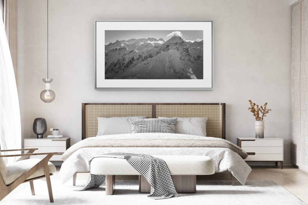déco chambre chalet suisse rénové - photo panoramique montagne grand format - Photo panorama du Piz Ela - Massif de la Bernina noir et blanc