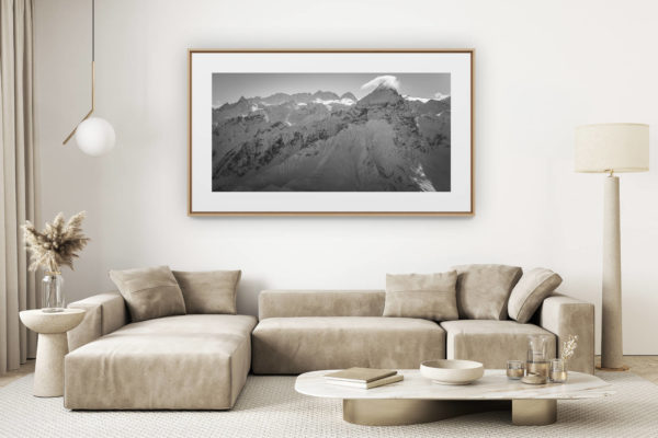 décoration salon clair rénové - photo montagne grand format - Photo panorama du Piz Ela - Massif de la Bernina noir et blanc