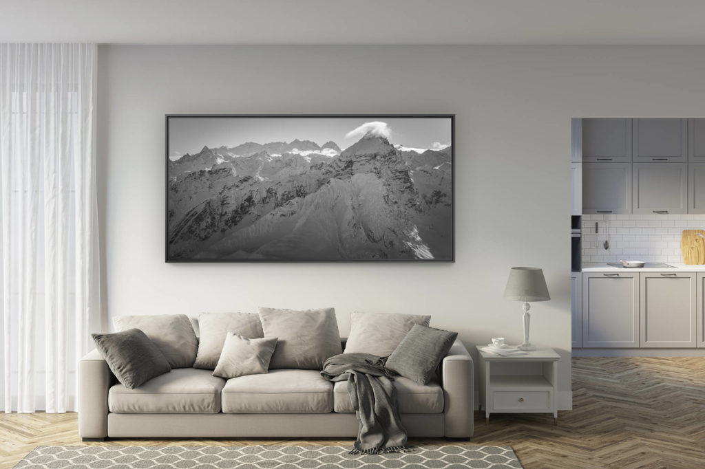 déco salon rénové - tendance photo montagne grand format - Photo panorama du Piz Ela - Massif de la Bernina noir et blanc