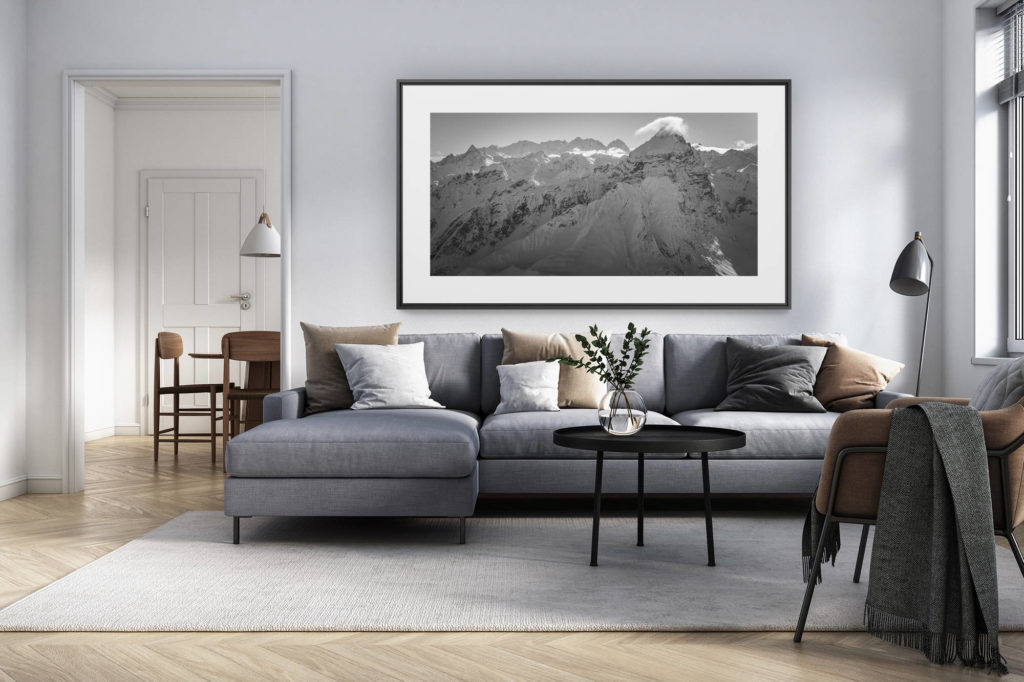 interior design living room renovated switzerland - panoramic alps photo large size - Panorama photo of Piz Ela - Bernina Massif black and white