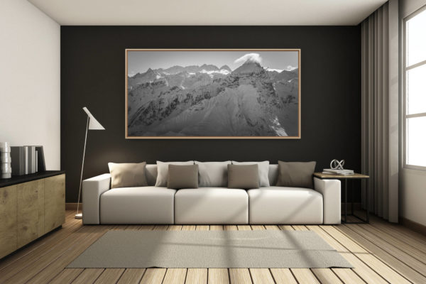 déco salon chalet rénové de montagne - photo montagne grand format -  - Photo panorama du Piz Ela - Massif de la Bernina noir et blanc