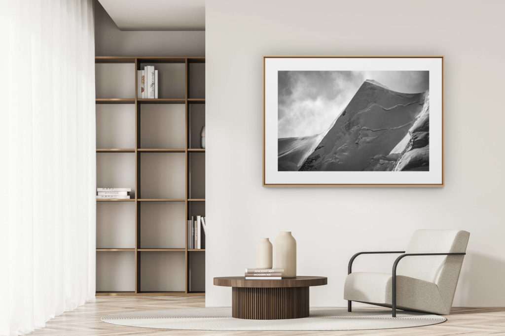 déco tendance salon moderne - photo montagne noir et blanc grand format - photo Engadine Davos - Alpes Suisses