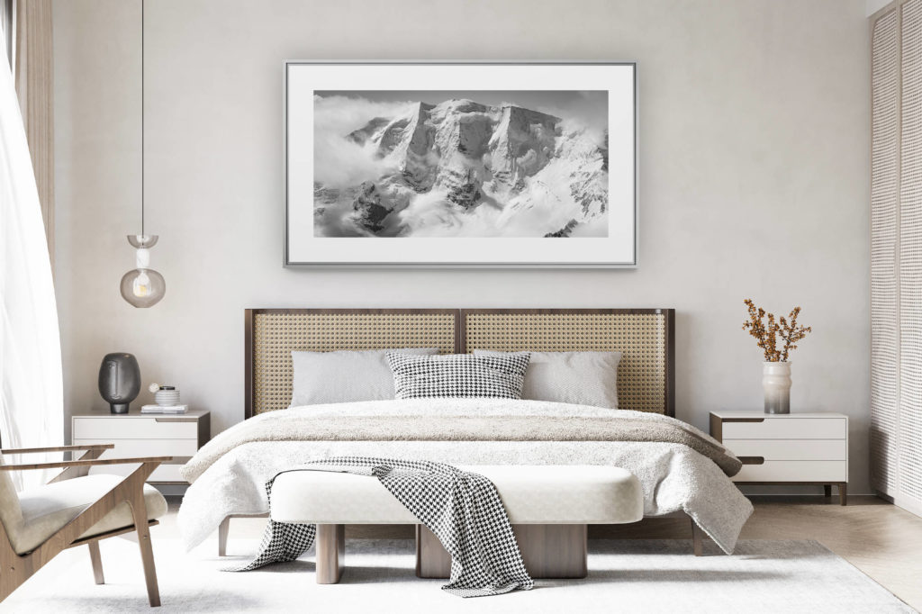 déco chambre chalet suisse rénové - photo panoramique montagne grand format - Photo hélicoptère Engadine - Image noir et blanc montagne Piz Palu
