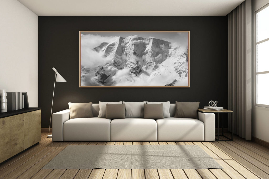 déco salon chalet rénové de montagne - photo montagne grand format -  - Photo hélicoptère Engadine - Image noir et blanc montagne Piz Palu