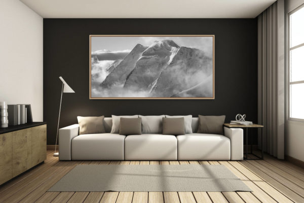 déco salon chalet rénové de montagne - photo montagne grand format -  - Piz Palu - sommet des alpes suisses en noir et blanc
