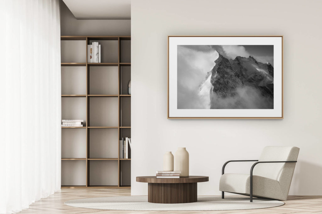 déco tendance salon moderne - photo montagne noir et blanc grand format - Pizzo Bianco - Davos Suisse Montagne Scerscen