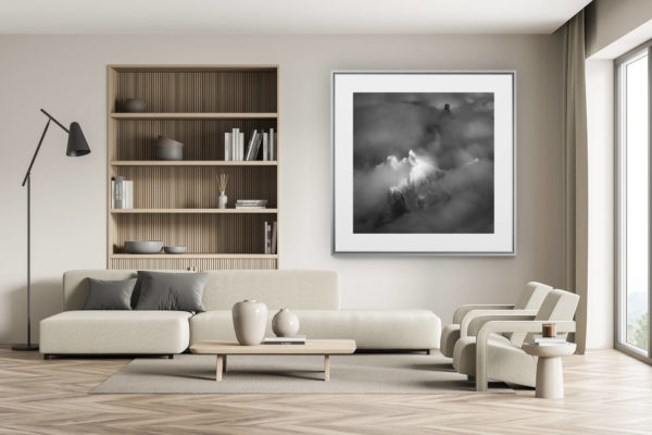 swiss chalet decoration - swiss chalet interior - large size mountain picture - Mont Blanc Massif Chamonix in black and white -summits of the Aiguille du Plan and Dent du Géant mountains in a sea of clouds and fog