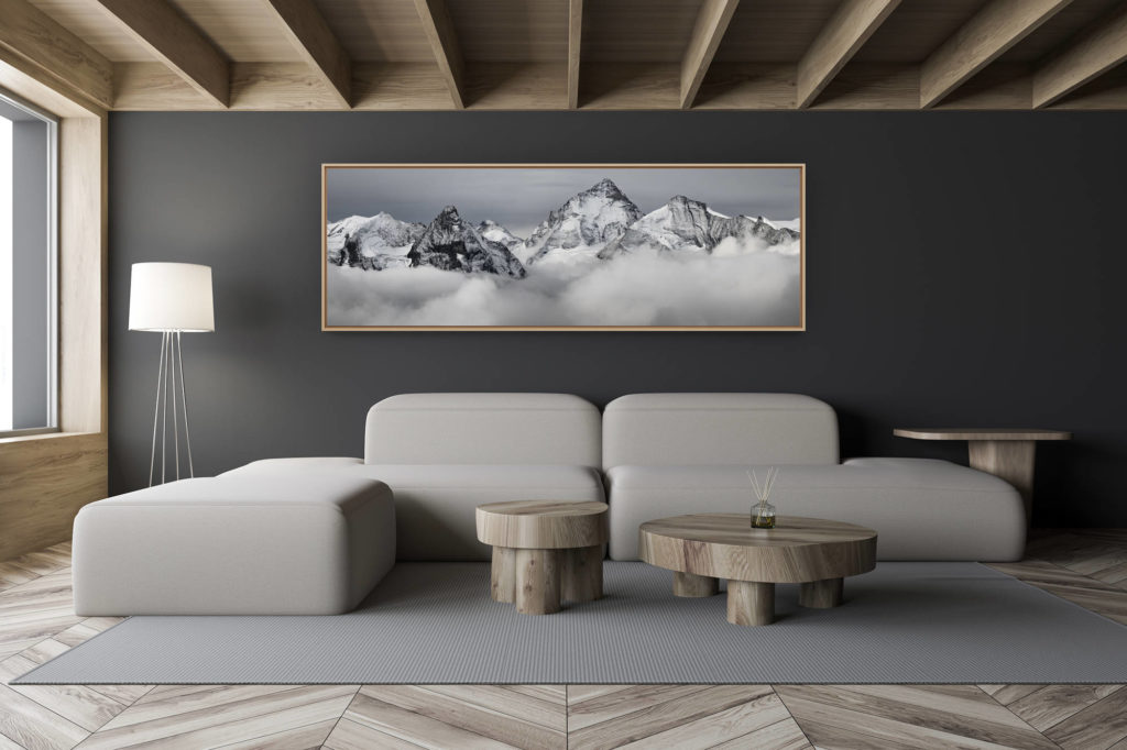 décoration salon chalet moderne - intérieur petit chalet suisse - photo montagne noir et blanc grand format -