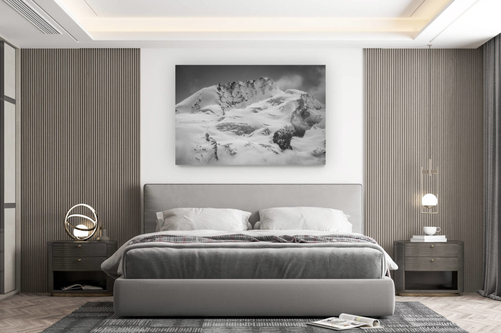 décoration murale chambre design - achat photo de montagne grand format - Zermatt Rimpfischhorn - photo noir et blanc des montagnes enneigées des alpes bernoises dans la Vallée de L'engadine