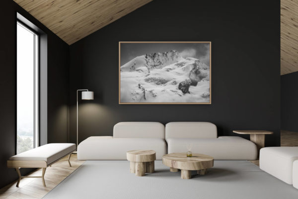 décoration chalet suisse - intérieur chalet suisse - photo montagne grand format - Zermatt Rimpfischhorn - photo noir et blanc des montagnes enneigées des alpes bernoises dans la Vallée de L'engadine