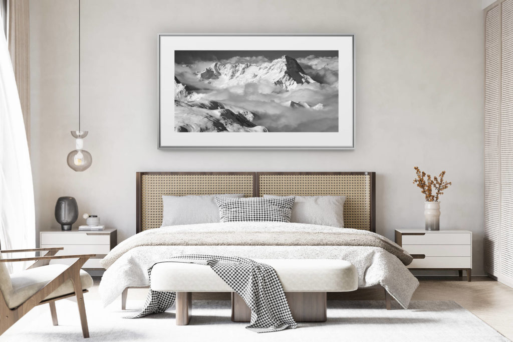 decorating a room in a renovated Swiss chalet - large panoramic mountain photo -