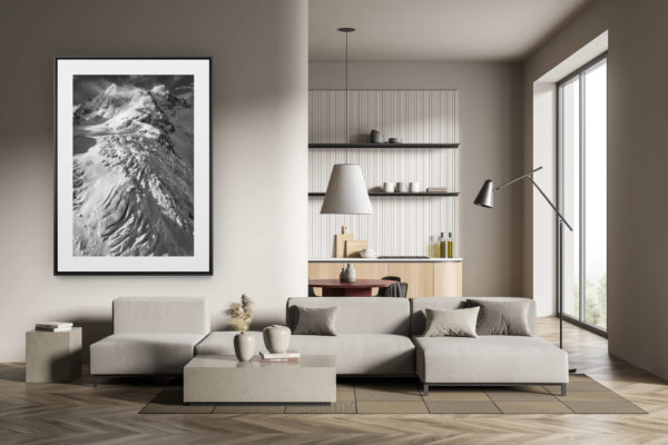 déco tendance salon moderne - photo montagne noir et blanc grand format - Pontresina photo - Photo hélicoptère Roseg - Engadine Grisons