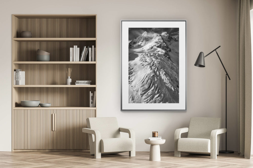 Wanddekoration Wohnzimmer - Bergfoto Schweizer Alpen schwarz-weiß - Pontresina Foto - Roseg Helikopter-Foto - Engadin Graubünden