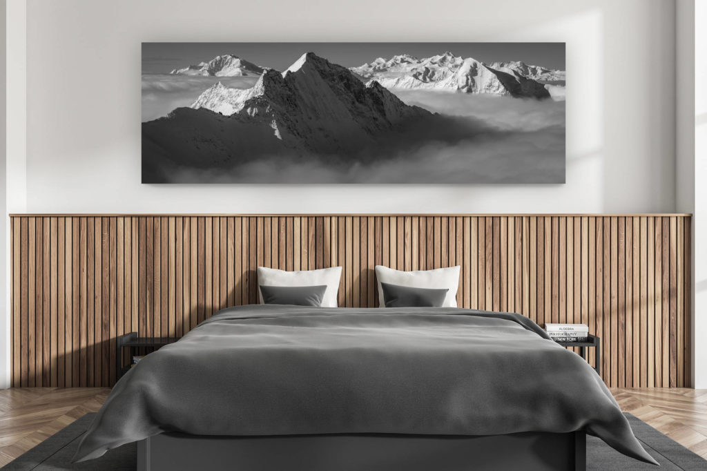 modern adult bedroom wall decor - swiss chalet interior - large size mountain pictures swiss alps - panorama of the alps from bernese alps - black and white mountain pictures