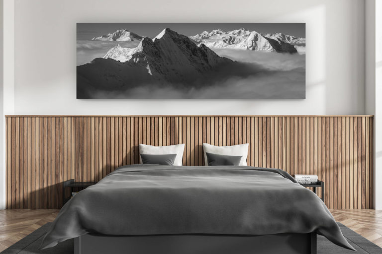 décoration murale chambre adulte moderne - intérieur chalet suisse - photo montagnes grand format alpes suisses - panorama des alpes depuis les alpes bernoises - photo montagne noir et blanc