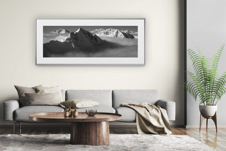 tableau montagne grand format - décoration murale salon moderne - panorama des alpes depuis les alpes bernoises - photo montagne noir et blanc