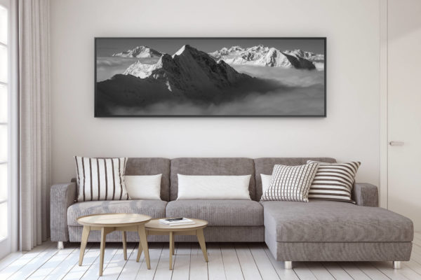 décoration murale design salon moderne - photo montagne grand format - panorama des alpes depuis les alpes bernoises - photo montagne noir et blanc