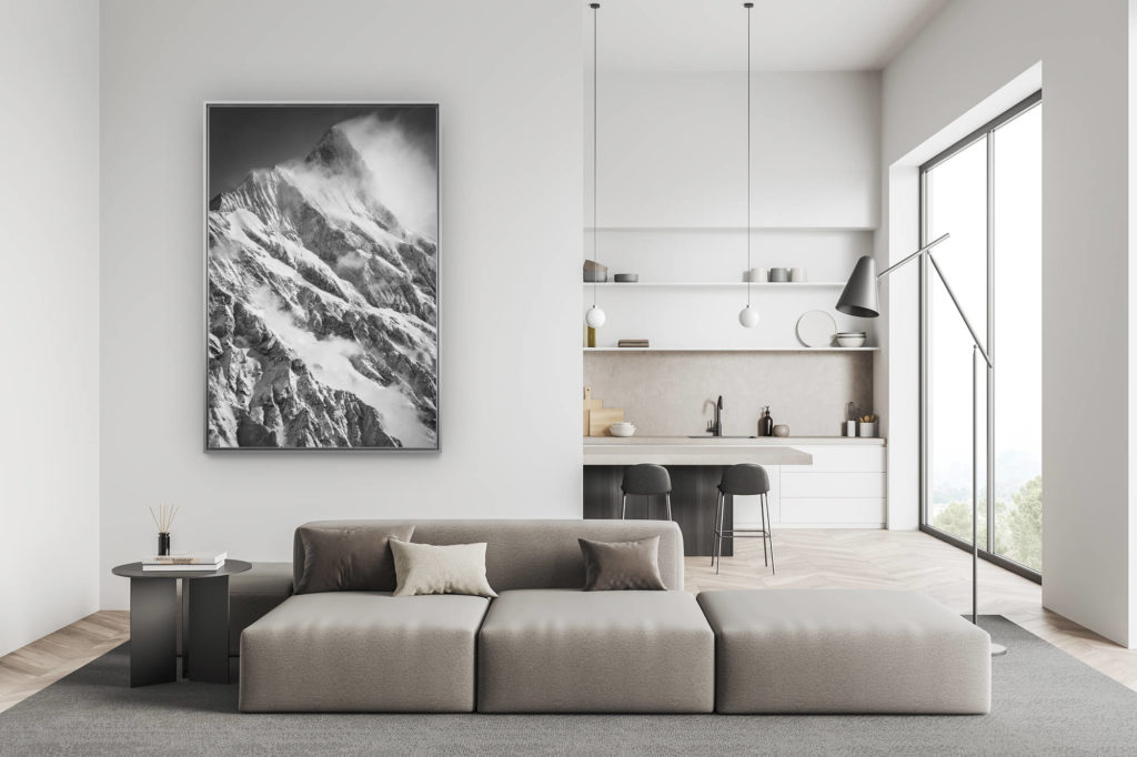 moderne schweizer wohnzimmerdekoration - deko berg grossformat foto - Schreckhorn Grindelwald - Fotos felsige und schneebedeckte Berge in schwarz-weiss - Alpengipfel in den Wolken