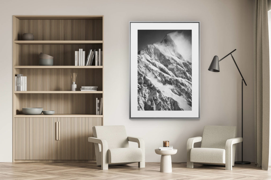 living room wall decoration - black and white swiss alps picture - Schreckhorn Grindelwald - Black and white snowy and rocky mountains pictures - summit Alps in the clouds