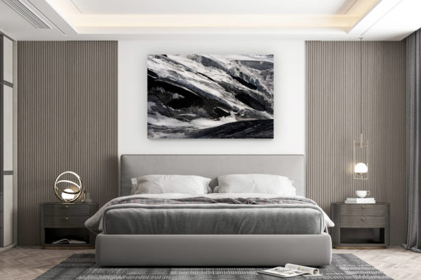décoration murale chambre design - achat photo de montagne grand format - Image d'un paysage de montagnes rocheuses et d'un glacier des Alpes Valaisannes en noir et blanc  - Séracs du Grand Combin sous la neige en suisse