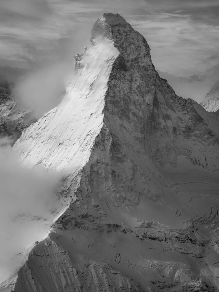 black and white Cervin mountain photo in square format