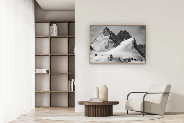 décoration appartement moderne - art déco design - image d un paysage de montagne en noir et blanc - Bouquetins, Dents de Bertol - Aiguille de la Tsa - Veisivi