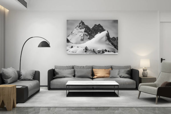 décoration salon contemporain suisse - cadeau amoureux de montagne suisse - image d un paysage de montagne en noir et blanc - Bouquetins, Dents de Bertol - Aiguille de la Tsa - Veisivi