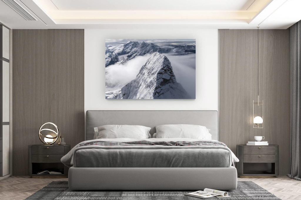 décoration murale chambre design - achat photo de montagne grand format - Sommet de montagne du Mont Cervin - Vue aérienne des Alpes Suisses depuis un hélicoptère