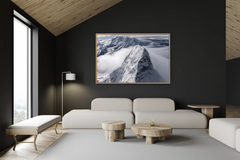The Matterhorn swiss chalet decoration - swiss chalet interior - large mountain picture - summit - Aerial view of the Swiss Alps from a helicopter