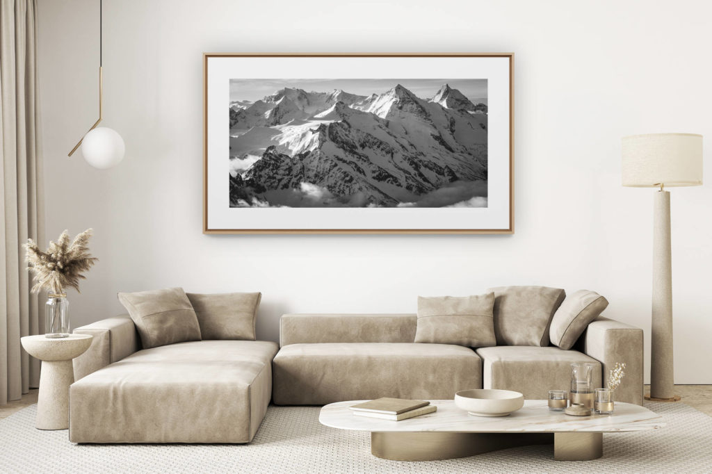 décoration salon clair rénové - photo montagne grand format - Photo noir et blanc des sommets des hautes montagne du Val d'Hérens - Val d'anniviers - Zermatt dans Alpes Suisses