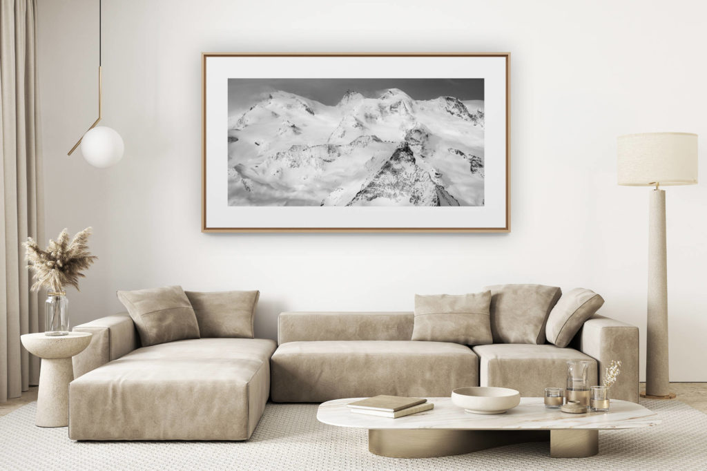 décoration salon clair rénové - photo montagne grand format - Image panorama Noir et blanc Strahlhorn - Rimpfischhorn - Allalinhorn