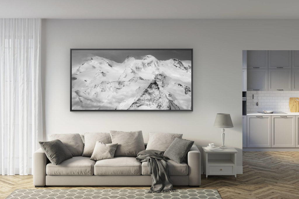 déco salon rénové - tendance photo montagne grand format - Image panorama Noir et blanc Strahlhorn - Rimpfischhorn - Allalinhorn