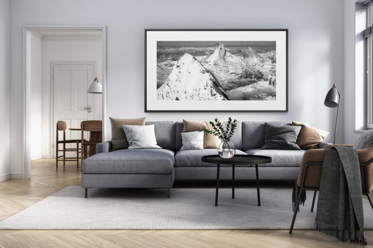 décoration intérieur salon rénové suisse - photo alpes panoramique grand format - image de montagne du Mont Cervin Täschhorn et de la dent d'Hérens