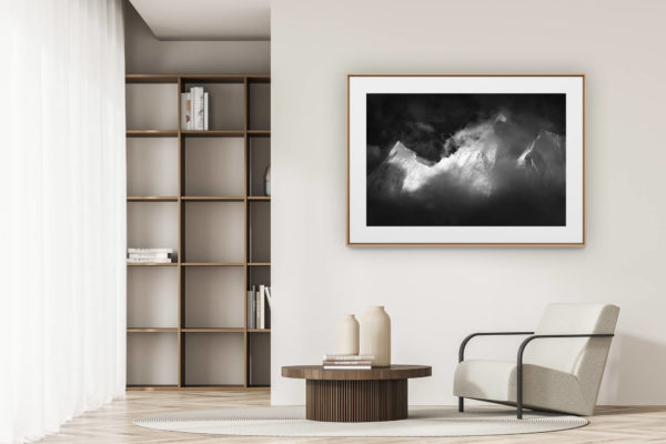 déco tendance salon moderne - photo montagne noir et blanc grand format - Vallée de Saas-Fee - Alpes Valais Suisse -Alphubel