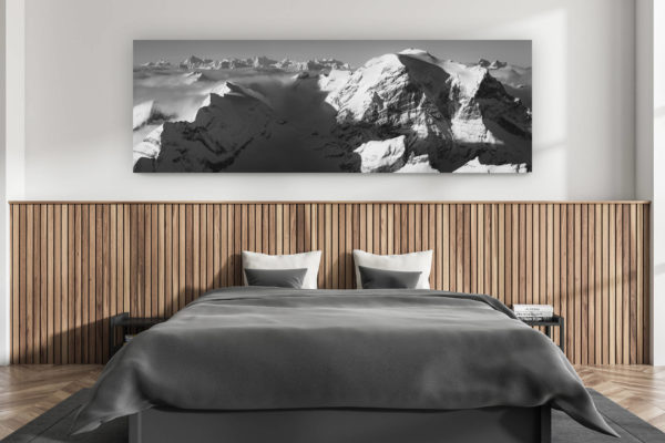 wall decoration adult room modern - interior swiss chalet - photo mountains large size swiss alps - Panoramic photo of the Toedi and the bernese alps - View on the summit of the Toedi with the sea of clouds with the bernese alps and the Titlis.