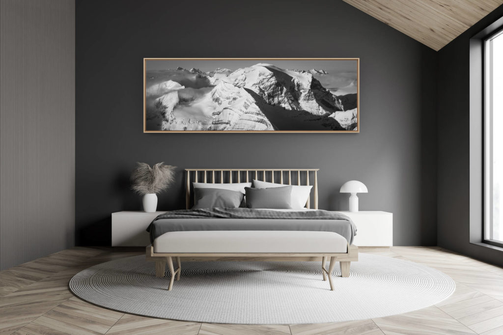 décoration chambre adulte moderne dans petit chalet suisse- photo montagne grand format - photo montagne suisse toedi - montagne URI - photo glacier - photo panoramique