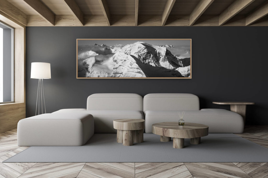 modern chalet living room decoration - small swiss chalet interior - black and white mountain photo large size - swiss mountain photo toedi - mountain URI - glacier photo - panoramic photo