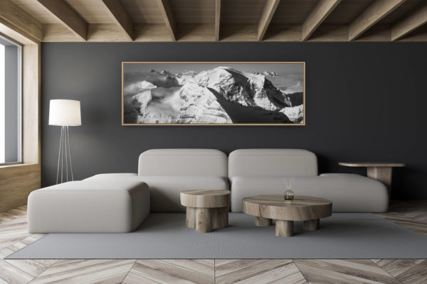 décoration salon chalet moderne - intérieur petit chalet suisse - photo montagne noir et blanc grand format - photo montagne suisse toedi - montagne URI - photo glacier - photo panoramique