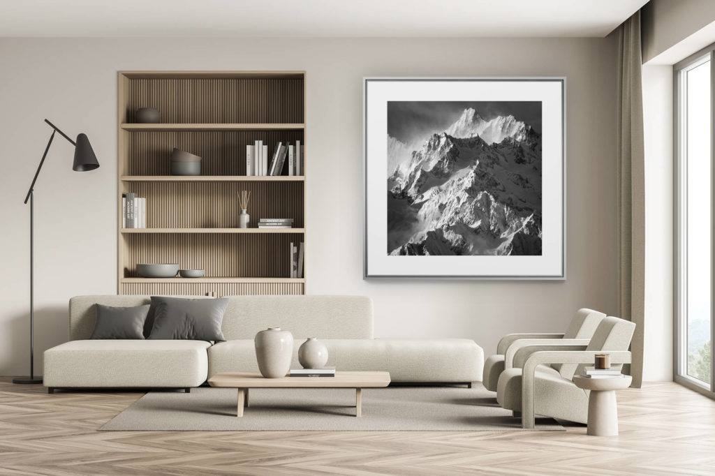 décoration chalet suisse - intérieur chalet suisse - photo montagne grand format - photo montagnes verbier en noir et blanc sous les rayons du soleil Tour Noir - Aiguille de l'A Neuve