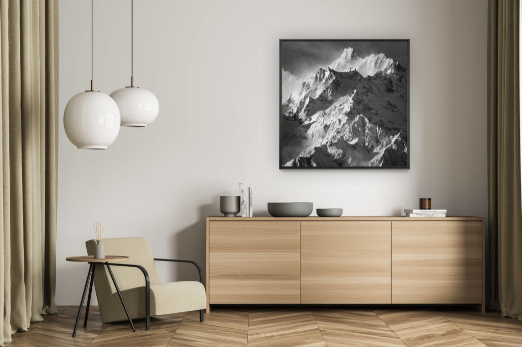 décoration murale salon - tableau photo montagne alpes suisses noir et blanc - photo montagnes verbier en noir et blanc sous les rayons du soleil Tour Noir - Aiguille de l'A Neuve